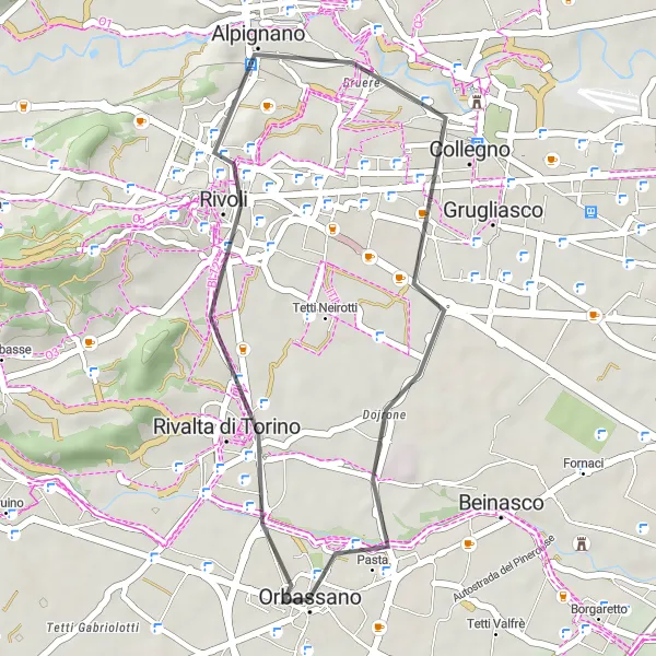 Karttaminiaatyyri "Rivoli ja Collegno takaisin Orbassanoon" pyöräilyinspiraatiosta alueella Piemonte, Italy. Luotu Tarmacs.app pyöräilyreittisuunnittelijalla