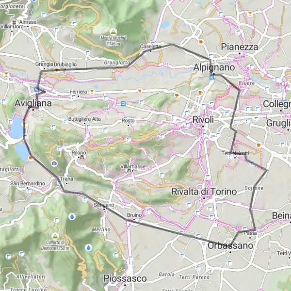 Map miniature of "Trana Road Circuit" cycling inspiration in Piemonte, Italy. Generated by Tarmacs.app cycling route planner