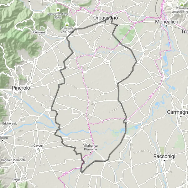 Miniatua del mapa de inspiración ciclista "Ruta de Orbassano a Piobesi Torinese y Piossasco" en Piemonte, Italy. Generado por Tarmacs.app planificador de rutas ciclistas