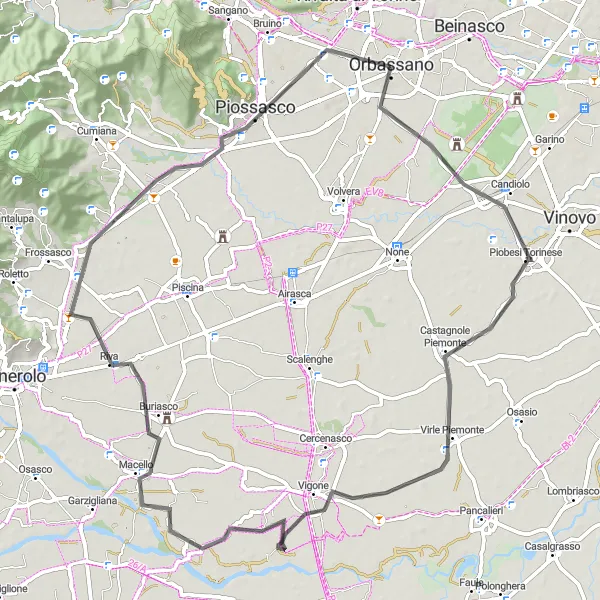 Karttaminiaatyyri "Candiolo, Vigone, Buriasco ja Piossasco kierros" pyöräilyinspiraatiosta alueella Piemonte, Italy. Luotu Tarmacs.app pyöräilyreittisuunnittelijalla