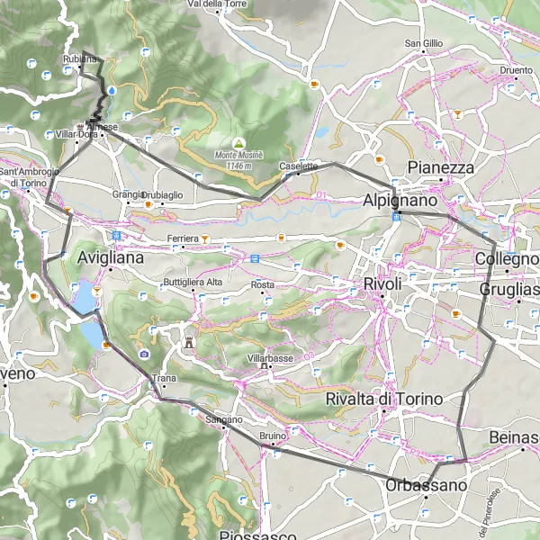 Miniatura mapy "Wyjątkowa trasa z Orbassano przez Rocce Rosse" - trasy rowerowej w Piemonte, Italy. Wygenerowane przez planer tras rowerowych Tarmacs.app