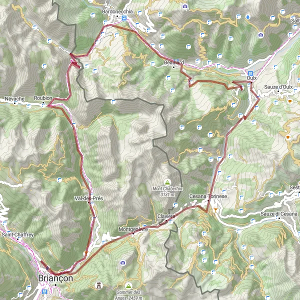 Miniatua del mapa de inspiración ciclista "Ruta de grava desde Oulx a Bardonecchia" en Piemonte, Italy. Generado por Tarmacs.app planificador de rutas ciclistas