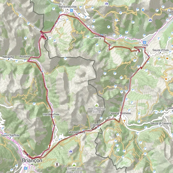 Karttaminiaatyyri "Seikkailu Oulx - Bardonecchia - Chateaux Reitti (Hiekkatiepyöräily)" pyöräilyinspiraatiosta alueella Piemonte, Italy. Luotu Tarmacs.app pyöräilyreittisuunnittelijalla