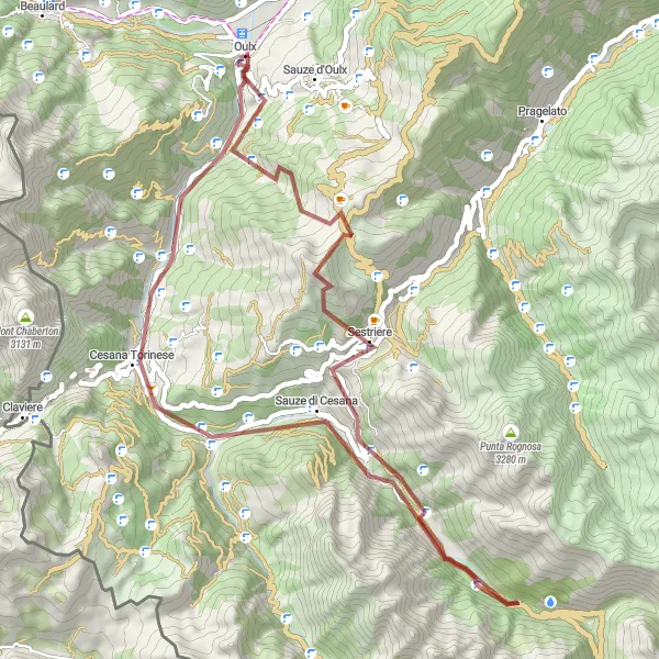 Map miniature of "Gravel Adventure from Oulx to Cesana Torinese" cycling inspiration in Piemonte, Italy. Generated by Tarmacs.app cycling route planner