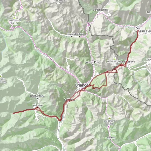 Mapa miniatúra "Oulx - San Marco Gravel Challenge" cyklistická inšpirácia v Piemonte, Italy. Vygenerované cyklistickým plánovačom trás Tarmacs.app