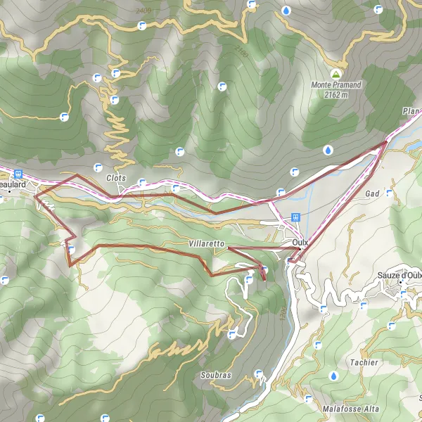Zemljevid v pomanjšavi "Sproščujoča kolesarska pot v okolici Oulxa" kolesarske inspiracije v Piemonte, Italy. Generirano z načrtovalcem kolesarskih poti Tarmacs.app