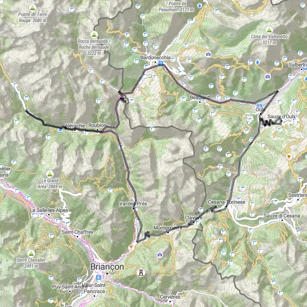 Karttaminiaatyyri "Haastava Oulx - Montgenèvre - Névache Reitti (Maantiepyöräily)" pyöräilyinspiraatiosta alueella Piemonte, Italy. Luotu Tarmacs.app pyöräilyreittisuunnittelijalla