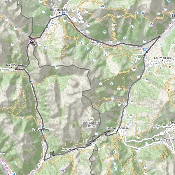 Map miniature of "Scenic Road Cycling Route from Oulx to Bardonecchia" cycling inspiration in Piemonte, Italy. Generated by Tarmacs.app cycling route planner