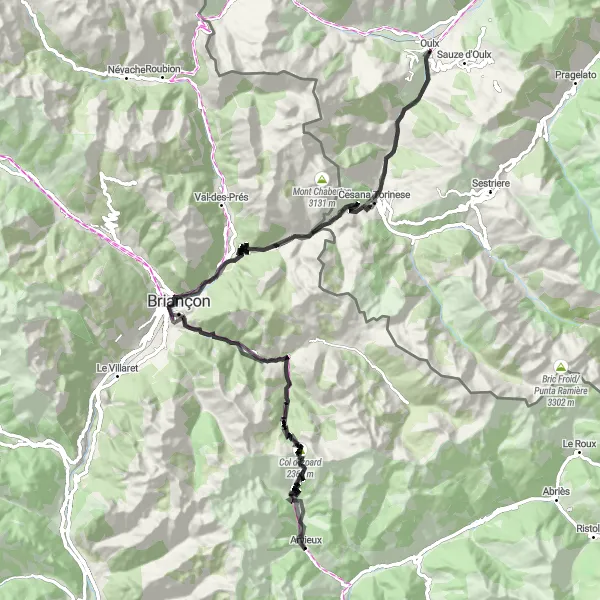 Karttaminiaatyyri "Haastava reitti Oulxista Briançoniin ja takaisin" pyöräilyinspiraatiosta alueella Piemonte, Italy. Luotu Tarmacs.app pyöräilyreittisuunnittelijalla