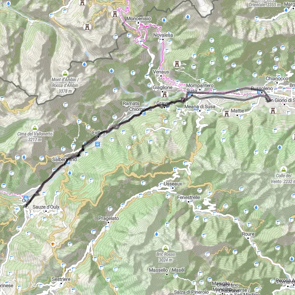 Karttaminiaatyyri "Kiehtova pyöräreitti Oulxista Susaan ja takaisin" pyöräilyinspiraatiosta alueella Piemonte, Italy. Luotu Tarmacs.app pyöräilyreittisuunnittelijalla