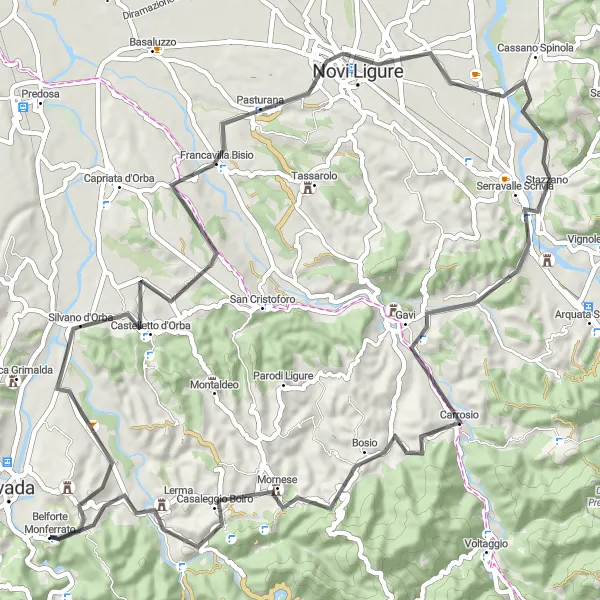 Miniaturní mapa "Historické památky a malebné vesnice kolem Ovady" inspirace pro cyklisty v oblasti Piemonte, Italy. Vytvořeno pomocí plánovače tras Tarmacs.app