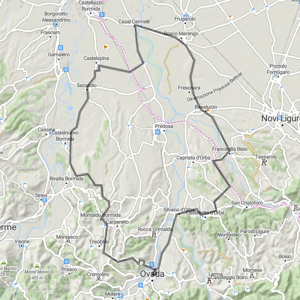 Miniatura della mappa di ispirazione al ciclismo "Giro delle Colline di Ovada" nella regione di Piemonte, Italy. Generata da Tarmacs.app, pianificatore di rotte ciclistiche