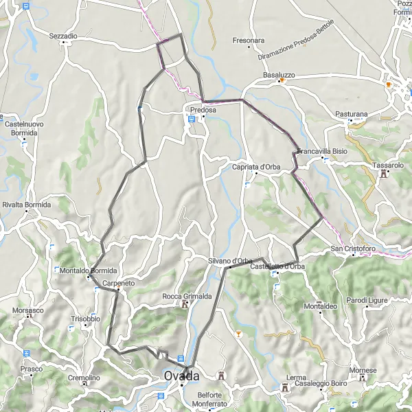 Miniatua del mapa de inspiración ciclista "Ruta de Ciclismo de Carretera Castelferro - Silvano d'Orba" en Piemonte, Italy. Generado por Tarmacs.app planificador de rutas ciclistas
