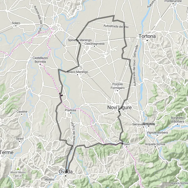 Miniatua del mapa de inspiración ciclista "Ruta de Ciclismo de Carretera desde Ovada" en Piemonte, Italy. Generado por Tarmacs.app planificador de rutas ciclistas