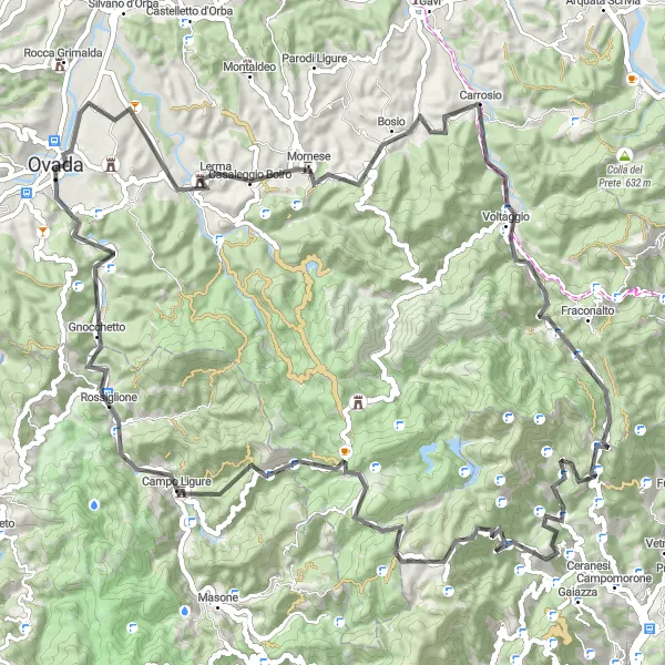 Miniaturní mapa "Krátký okruh kolem Mornese a Campo Ligure" inspirace pro cyklisty v oblasti Piemonte, Italy. Vytvořeno pomocí plánovače tras Tarmacs.app