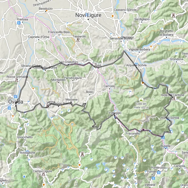 Karttaminiaatyyri "Ovada-Silvano d'Orba-Belforte Monferrato Round-trip" pyöräilyinspiraatiosta alueella Piemonte, Italy. Luotu Tarmacs.app pyöräilyreittisuunnittelijalla