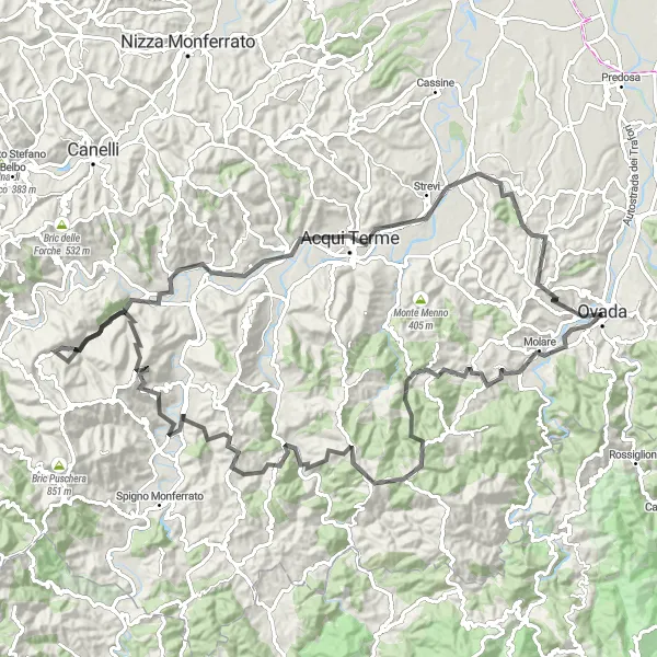 Mapa miniatúra "Cyklo trasa cez Cassinelle a Strevi" cyklistická inšpirácia v Piemonte, Italy. Vygenerované cyklistickým plánovačom trás Tarmacs.app