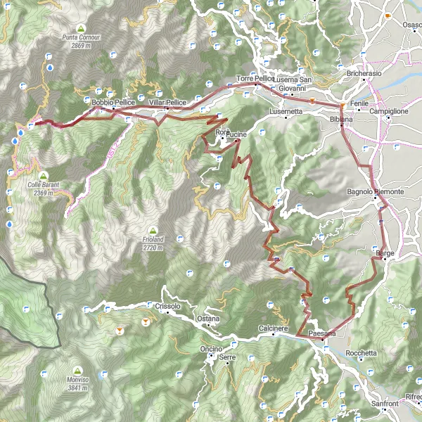 Miniaturekort af cykelinspirationen "Rorà Gravel Adventure" i Piemonte, Italy. Genereret af Tarmacs.app cykelruteplanlægger