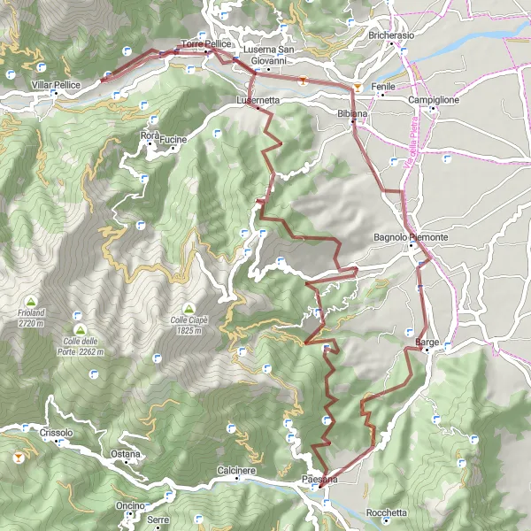 Miniatua del mapa de inspiración ciclista "Ruta por las colinas de Paesana y Luserna San Giovanni" en Piemonte, Italy. Generado por Tarmacs.app planificador de rutas ciclistas