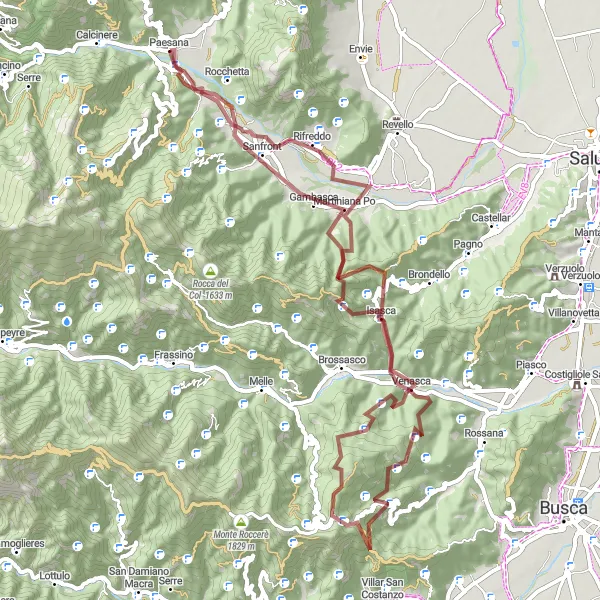 Zemljevid v pomanjšavi "Gorska avantura okoli Paesane" kolesarske inspiracije v Piemonte, Italy. Generirano z načrtovalcem kolesarskih poti Tarmacs.app