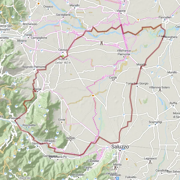 Map miniature of "Gravel Adventure through Paesana" cycling inspiration in Piemonte, Italy. Generated by Tarmacs.app cycling route planner