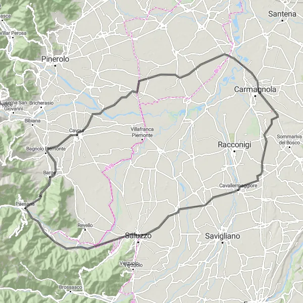 Kartminiatyr av "Upptäck Carmagnola och Monasterolo di Savigliano" cykelinspiration i Piemonte, Italy. Genererad av Tarmacs.app cykelruttplanerare