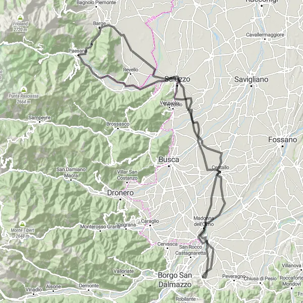 Map miniature of "Road Cycling Epic from Paesana to Cuneo" cycling inspiration in Piemonte, Italy. Generated by Tarmacs.app cycling route planner