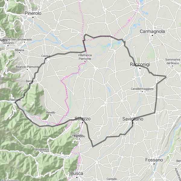 Miniature de la carte de l'inspiration cycliste "Échappée royale du Piémont" dans la Piemonte, Italy. Générée par le planificateur d'itinéraire cycliste Tarmacs.app