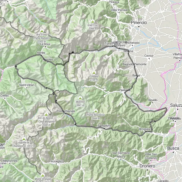 Miniatua del mapa de inspiración ciclista "Ruta en carretera desde Paesana a Aiguilles" en Piemonte, Italy. Generado por Tarmacs.app planificador de rutas ciclistas