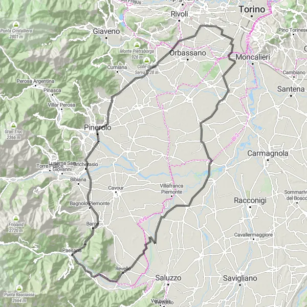 Miniaturní mapa "Cyklotrasa Bricherasio - Sanfront" inspirace pro cyklisty v oblasti Piemonte, Italy. Vytvořeno pomocí plánovače tras Tarmacs.app