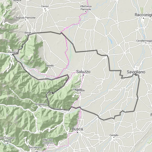 Miniatua del mapa de inspiración ciclista "Savigliano y sus alrededores" en Piemonte, Italy. Generado por Tarmacs.app planificador de rutas ciclistas