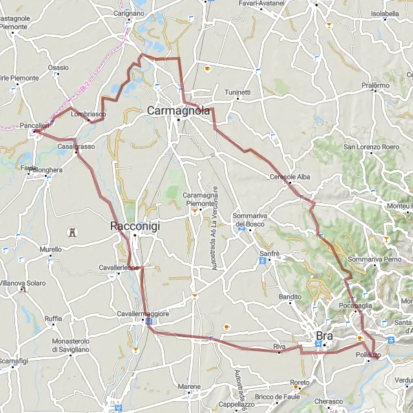 Miniatura mapy "Trasa mimośrodowa przez Lombriasco i Castello Reale di Racconigi" - trasy rowerowej w Piemonte, Italy. Wygenerowane przez planer tras rowerowych Tarmacs.app