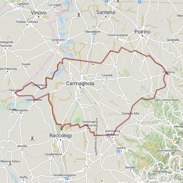 Kartminiatyr av "Oppdagende Tur fra Pancalieri til Casalgrasso" sykkelinspirasjon i Piemonte, Italy. Generert av Tarmacs.app sykkelrutoplanlegger
