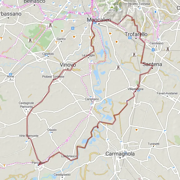 Miniatuurkaart van de fietsinspiratie "Grindpaden rond Pancalieri" in Piemonte, Italy. Gemaakt door de Tarmacs.app fietsrouteplanner