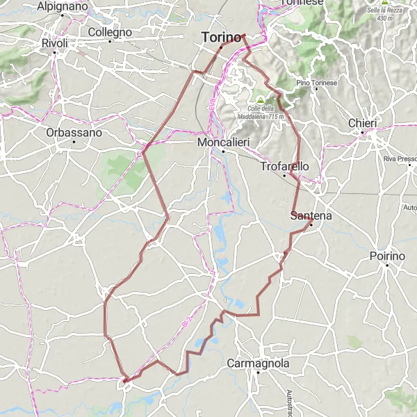 Miniatua del mapa de inspiración ciclista "Ruta de Grava de Pancalieri a Lombriasco" en Piemonte, Italy. Generado por Tarmacs.app planificador de rutas ciclistas