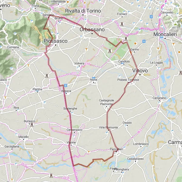 Miniatura della mappa di ispirazione al ciclismo "La Strada delle Colline di Pancalieri" nella regione di Piemonte, Italy. Generata da Tarmacs.app, pianificatore di rotte ciclistiche