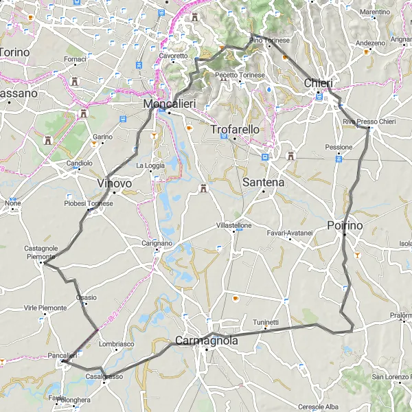 Miniatuurkaart van de fietsinspiratie "Heuvelachtige wegtocht in Piemonte" in Piemonte, Italy. Gemaakt door de Tarmacs.app fietsrouteplanner