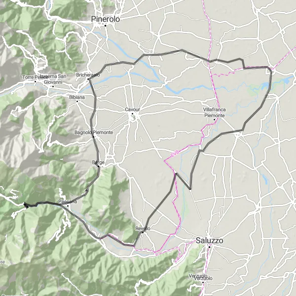 Mapa miniatúra "Náročná cyklotrasa s výstupmi cez Revello a Bricherasio" cyklistická inšpirácia v Piemonte, Italy. Vygenerované cyklistickým plánovačom trás Tarmacs.app