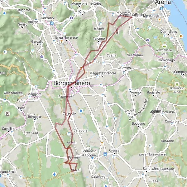 Miniatua del mapa de inspiración ciclista "Ruta de Grava de Paruzzaro a Paruzzaro y Cascine Enea" en Piemonte, Italy. Generado por Tarmacs.app planificador de rutas ciclistas