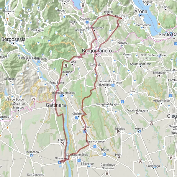 Miniatua del mapa de inspiración ciclista "Ruta de Grava de Paruzzaro a Briga Novarese y Gattinara" en Piemonte, Italy. Generado por Tarmacs.app planificador de rutas ciclistas
