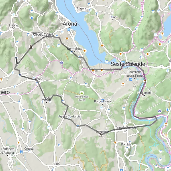 Karten-Miniaturansicht der Radinspiration "Rundfahrt ab Paruzzaro durch Sesto Calende und Divignano" in Piemonte, Italy. Erstellt vom Tarmacs.app-Routenplaner für Radtouren