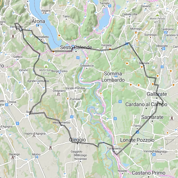 Miniatura della mappa di ispirazione al ciclismo "Cicloturismo tra Sesto Calende e Samarate" nella regione di Piemonte, Italy. Generata da Tarmacs.app, pianificatore di rotte ciclistiche