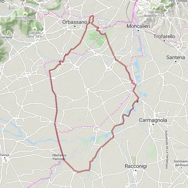 Miniatura della mappa di ispirazione al ciclismo "Esplorazione in bicicletta tra Carignano e Borgo Melano" nella regione di Piemonte, Italy. Generata da Tarmacs.app, pianificatore di rotte ciclistiche