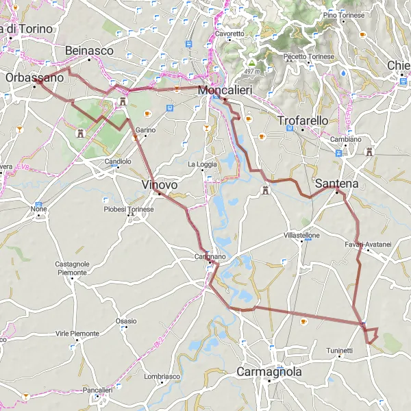 Map miniature of "Gravel Adventure: Orbassano to Castello Della Rovere" cycling inspiration in Piemonte, Italy. Generated by Tarmacs.app cycling route planner
