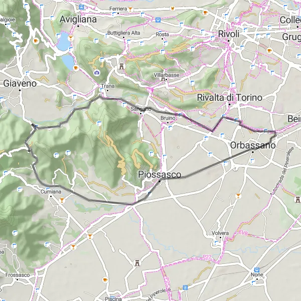 Kartminiatyr av "Utforsk Colletta di Cumiana på veien tilbake til Pasta" sykkelinspirasjon i Piemonte, Italy. Generert av Tarmacs.app sykkelrutoplanlegger
