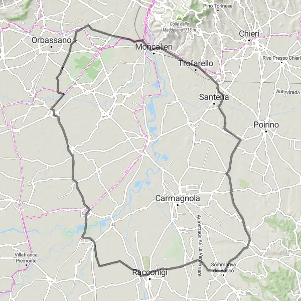 Zemljevid v pomanjšavi "Potovanje skozi Polonghero" kolesarske inspiracije v Piemonte, Italy. Generirano z načrtovalcem kolesarskih poti Tarmacs.app