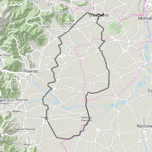 Kartminiatyr av "Runtom Pasta och Piemonte" cykelinspiration i Piemonte, Italy. Genererad av Tarmacs.app cykelruttplanerare