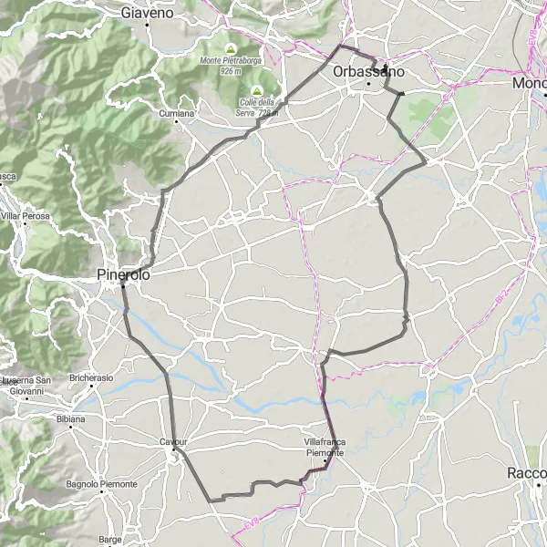 Map miniature of "Pasta to Rocca di Cavour" cycling inspiration in Piemonte, Italy. Generated by Tarmacs.app cycling route planner