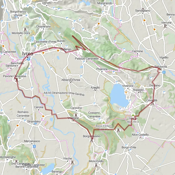 Mapa miniatúra "Adrenalínové cyklotrasy okolo Pavone Canavese" cyklistická inšpirácia v Piemonte, Italy. Vygenerované cyklistickým plánovačom trás Tarmacs.app