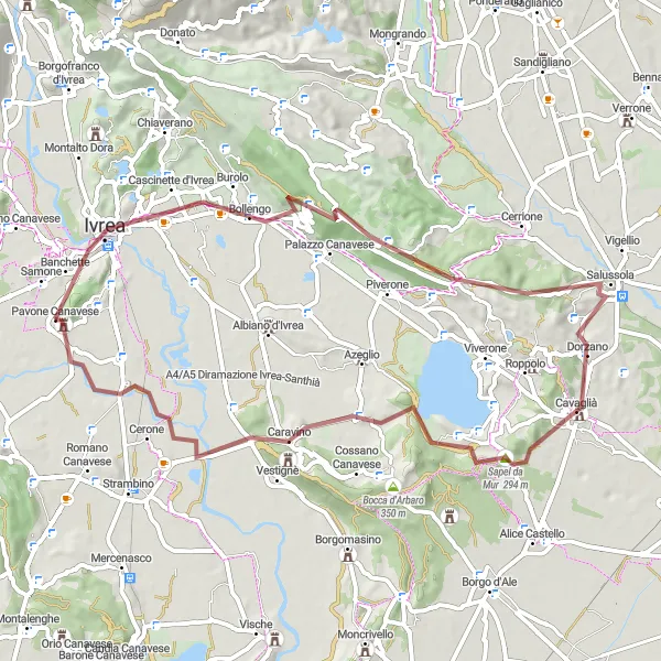 Zemljevid v pomanjšavi "Okoliški spokoj - Gravel Krog v bližini Pavone Canavese" kolesarske inspiracije v Piemonte, Italy. Generirano z načrtovalcem kolesarskih poti Tarmacs.app